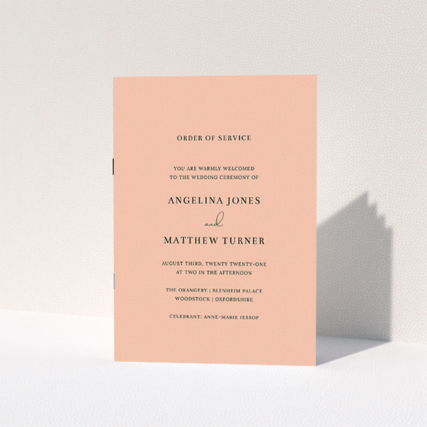 A multipage wedding order of service template titled "Salmon Pink Simple". It is an A5 booklet in a portrait orientation. "Salmon Pink Simple" is available as a folded booklet booklet, with mainly pink colouring.