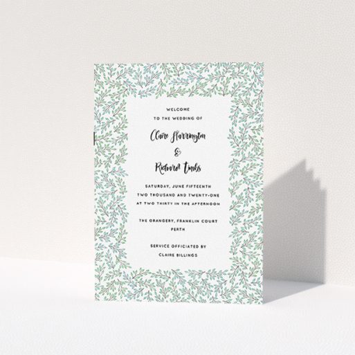 Multi-page Wedding Order of Service Design - "Scattered Branches" A multipage wedding order of service design named "Scattered Branches". It is an A5 booklet in a portrait orientation. "Scattered Branches" is available as a folded booklet booklet, with tones of green and white.