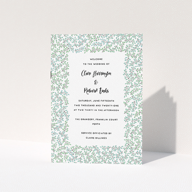 A multipage wedding order of service design named "Scattered Branches". It is an A5 booklet in a portrait orientation. "Scattered Branches" is available as a folded booklet booklet, with tones of green and white.