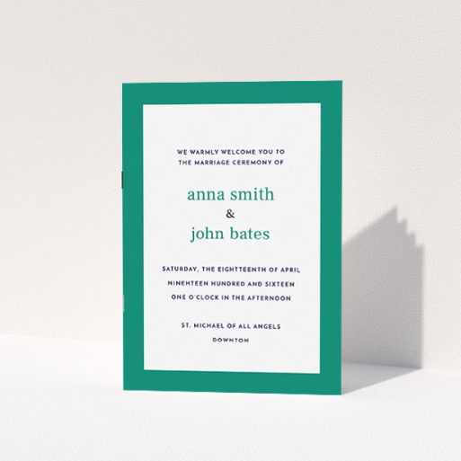 Multi-page Wedding Order of Service Design - "Simple Display" A multipage wedding order of service template titled "Simple Display". It is an A5 booklet in a portrait orientation. "Simple Display" is available as a folded booklet booklet, with tones of green and white.