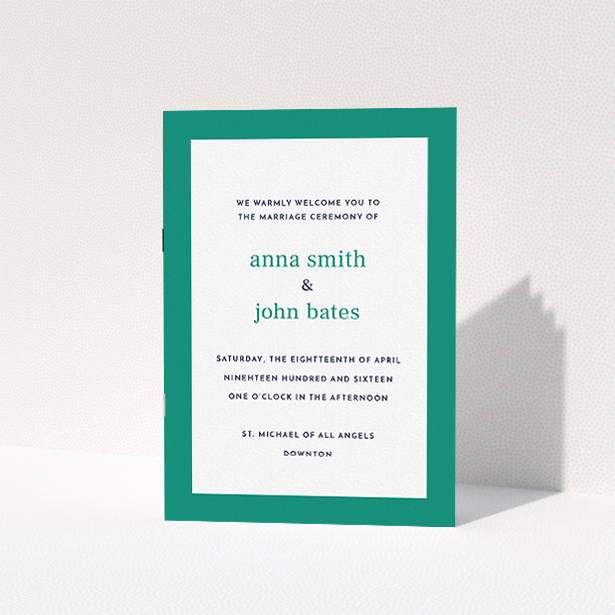 A multipage wedding order of service template titled "Simple Display". It is an A5 booklet in a portrait orientation. "Simple Display" is available as a folded booklet booklet, with tones of green and white.