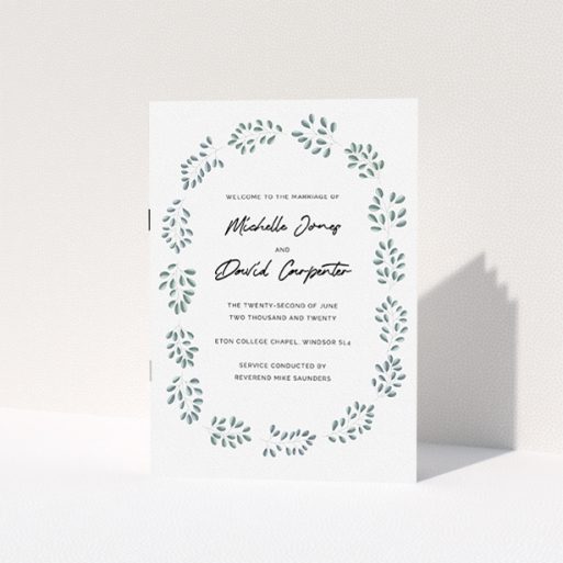 Multi-page Wedding Order of Service Design - "Simple Modern Floral" A multipage wedding order of service called "Simple Modern Floral". It is an A5 booklet in a portrait orientation. "Simple Modern Floral" is available as a folded booklet booklet, with tones of blue and white.