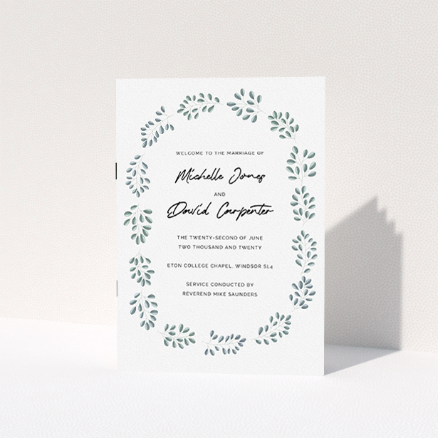 A multipage wedding order of service called "Simple Modern Floral". It is an A5 booklet in a portrait orientation. "Simple Modern Floral" is available as a folded booklet booklet, with tones of blue and white.