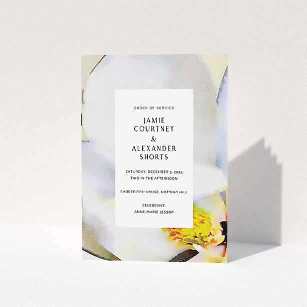 A multipage wedding order of service design titled "Spring Wedding Order of Service". It is an A5 booklet in a portrait orientation. "Spring Wedding Order of Service" is available as a folded booklet booklet, with tones of yellow, white and cream.