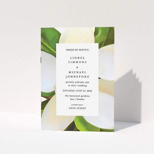 A multipage wedding order of service design titled "Summer Border". It is an A5 booklet in a portrait orientation. "Summer Border" is available as a folded booklet booklet, with tones of green and white.
