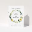 A multipage wedding order of service design called "Summer Wild Flowers". It is an A5 booklet in a portrait orientation. "Summer Wild Flowers" is available as a folded booklet booklet, with tones of light green, dark green and yellow.
