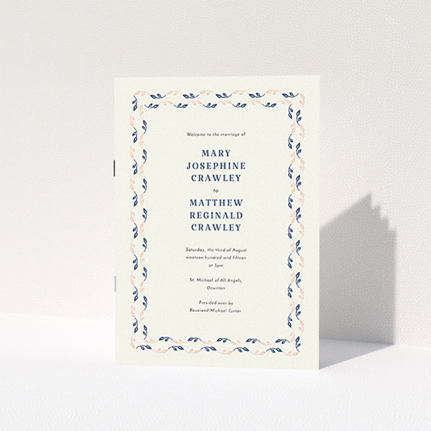 A multipage wedding order of service design named "Swimming in the garden". It is an A5 booklet in a portrait orientation. "Swimming in the garden" is available as a folded booklet booklet, with tones of cream, pink and navy blue.
