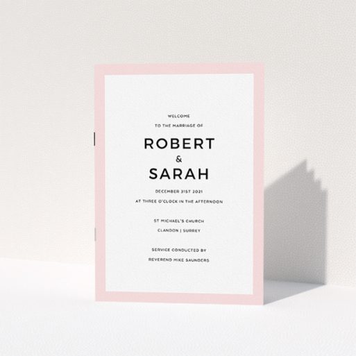 Multi-page Wedding Order of Service Design - "Thick Pink Classic" A multipage wedding order of service design called "Thick Pink Classic". It is an A5 booklet in a portrait orientation. "Thick Pink Classic" is available as a folded booklet booklet, with tones of pink and white.