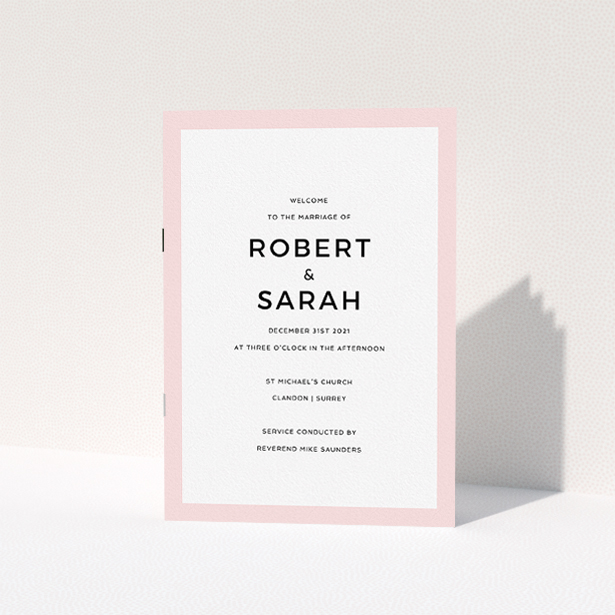 A multipage wedding order of service design called "Thick Pink Classic". It is an A5 booklet in a portrait orientation. "Thick Pink Classic" is available as a folded booklet booklet, with tones of pink and white.