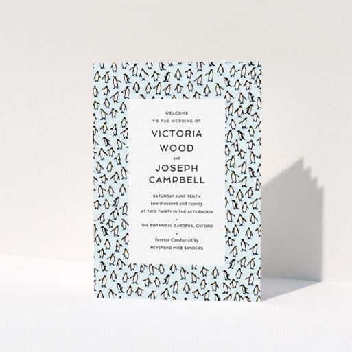 Multi-page Wedding Order of Service Design - "Tiny, Tiny Penguins" A multipage wedding order of service design titled "Tiny, Tiny Penguins". It is an A5 booklet in a portrait orientation. "Tiny, Tiny Penguins" is available as a folded booklet booklet, with tones of blue and black.
