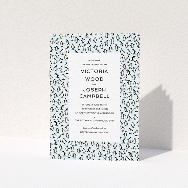 A multipage wedding order of service design titled "Tiny, Tiny Penguins". It is an A5 booklet in a portrait orientation. "Tiny, Tiny Penguins" is available as a folded booklet booklet, with tones of blue and black.