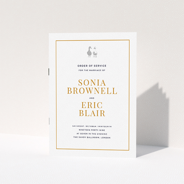A multipage wedding order of service named "Two little ducks". It is an A5 booklet in a portrait orientation. "Two little ducks" is available as a folded booklet booklet, with tones of white and orange.