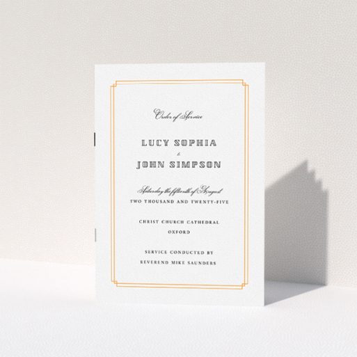 Multi-page Wedding Order of Service Design - "Vintage Art Deco" A multipage wedding order of service design called "Vintage Art Deco". It is an A5 booklet in a portrait orientation. "Vintage Art Deco" is available as a folded booklet booklet, with tones of orange and white.