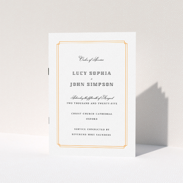 A multipage wedding order of service design called "Vintage Art Deco". It is an A5 booklet in a portrait orientation. "Vintage Art Deco" is available as a folded booklet booklet, with tones of orange and white.
