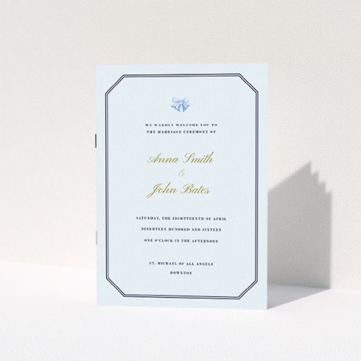 Multi Page Wedding Order Of Service - Wedding Bells (Light Blue) A multipage wedding order of service named "Wedding bells". It is an A5 booklet in a portrait orientation. "Wedding bells" is available as a folded booklet booklet, with tones of light blue and dark blue.