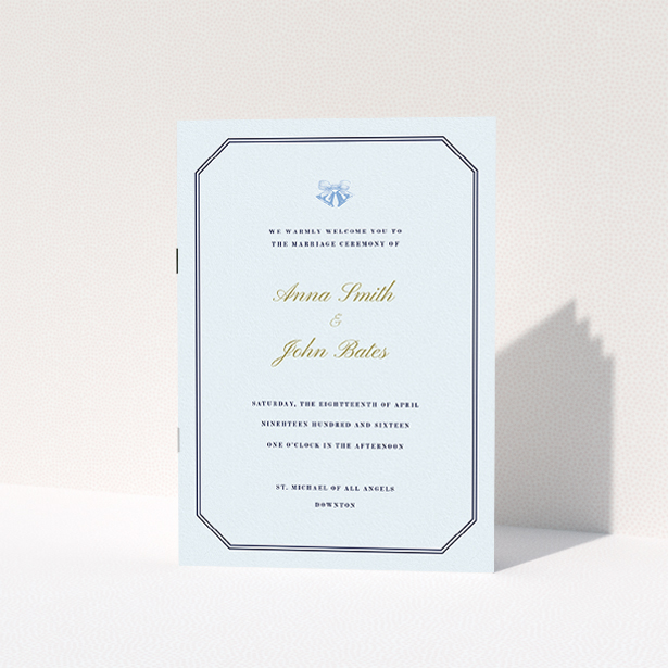 A multipage wedding order of service named "Wedding bells". It is an A5 booklet in a portrait orientation. "Wedding bells" is available as a folded booklet booklet, with tones of light blue and dark blue.