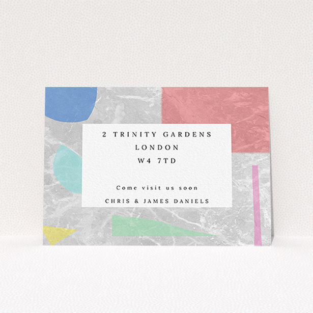 A new address card design called "Abstract Marble". It is an A6 card in a landscape orientation. "Abstract Marble" is available as a flat card, with tones of light grey and red.