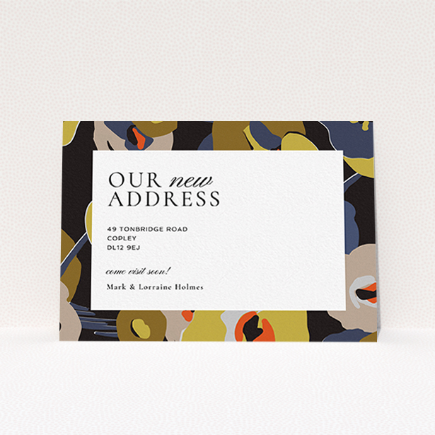 A new address card design named "Autumn Vibes". It is an A6 card in a landscape orientation. "Autumn Vibes" is available as a flat card, with tones of black and dark gold.
