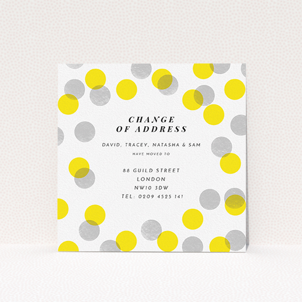 A new address card named "Cork Stamp". It is a square (148mm x 148mm) card in a square orientation. "Cork Stamp" is available as a flat card, with tones of white and yellow.