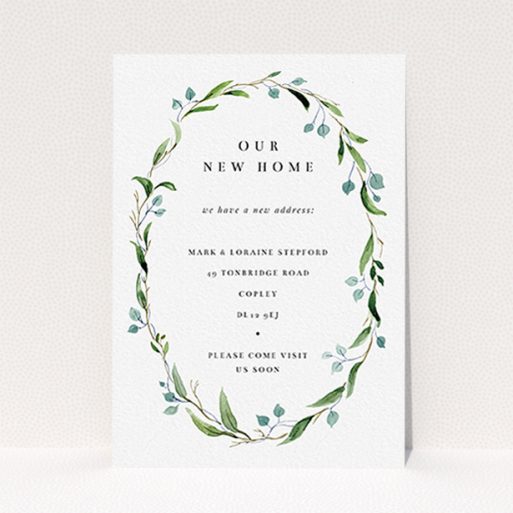 New Address Card Design - "Delicate Wreath" A new address card called "Delicate Wreath". It is an A6 card in a portrait orientation. "Delicate Wreath" is available as a flat card, with tones of green and white.