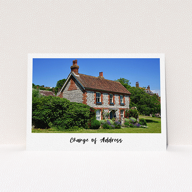 A new address card design named "Handwritten Simple". It is an A6 card in a landscape orientation. It is a photographic new address card with room for 1 photo. "Handwritten Simple" is available as a flat card, with tones of white and black.