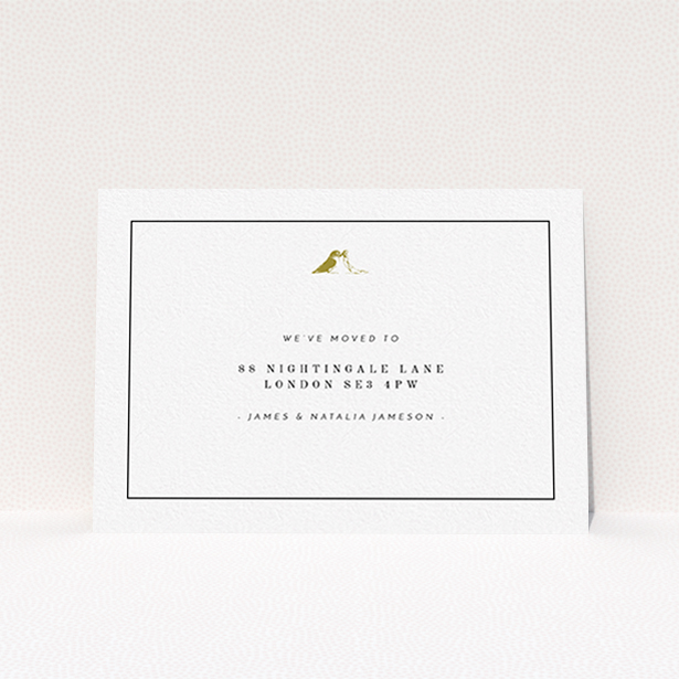 A new address card design called "Home Birds". It is an A6 card in a landscape orientation. "Home Birds" is available as a flat card, with tones of black and white.