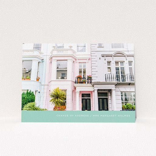 New Address Card Design - "Mint Bottom" A new address card design called "Mint Bottom". It is an A6 card in a landscape orientation. It is a photographic new address card with room for 1 photo. "Mint Bottom" is available as a flat card, with tones of green and white.