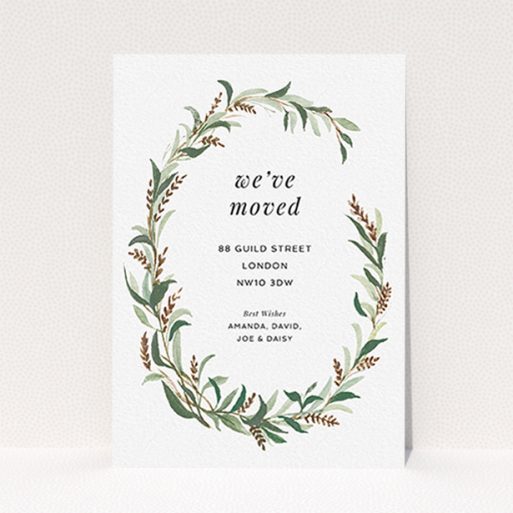 New Address Card Design - "Muted Wreath" A new address card design titled "Muted Wreath". It is an A6 card in a portrait orientation. "Muted Wreath" is available as a flat card, with tones of faded green, light brown and light green.