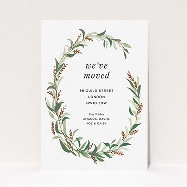 A new address card design titled "Muted Wreath". It is an A6 card in a portrait orientation. "Muted Wreath" is available as a flat card, with tones of faded green, light brown and light green.