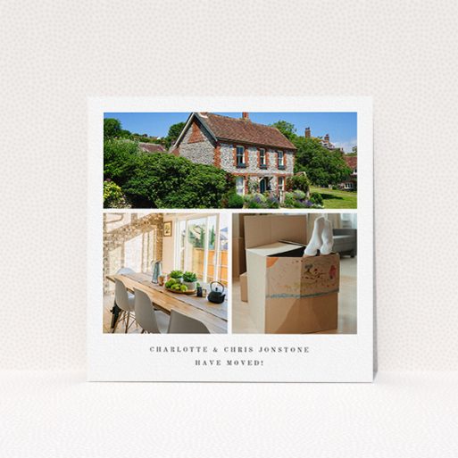 New Address Card Design - "New Home Snaps" A new address card design named "New Home Snaps". It is a square (148mm x 148mm) card in a square orientation. It is a photographic new address card with room for 3 photos. "New Home Snaps" is available as a flat card, with tones of white and black.