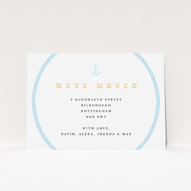 A new address card design titled "The Knot". It is an A6 card in a landscape orientation. "The Knot" is available as a flat card, with tones of blue and white.
