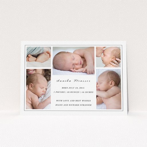 New Baby Announcement Card Design - "5 Frames" A new baby announcement card design titled "5 Frames". It is an A5 card in a landscape orientation. It is a photographic new baby announcement card with room for 3 photos. "5 Frames" is available as a flat card, with tones of black and white.