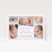 A new baby announcement card design titled "5 Frames". It is an A5 card in a landscape orientation. It is a photographic new baby announcement card with room for 3 photos. "5 Frames" is available as a flat card, with tones of black and white.