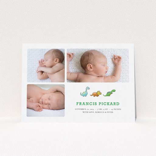 New Baby Announcement Card Design - "BabySaurus" A new baby announcement card design called "BabySaurus". It is an A5 card in a landscape orientation. It is a photographic new baby announcement card with room for 3 photos. "BabySaurus" is available as a flat card, with tones of green and white.