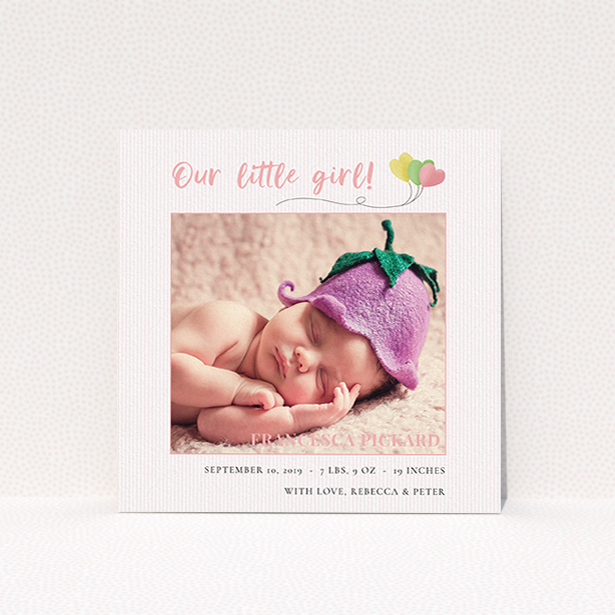 A new baby announcement card named "Balloooons". It is a square (148mm x 148mm) card in a square orientation. It is a photographic new baby announcement card with room for 1 photo. "Balloooons" is available as a flat card, with mainly pink colouring.