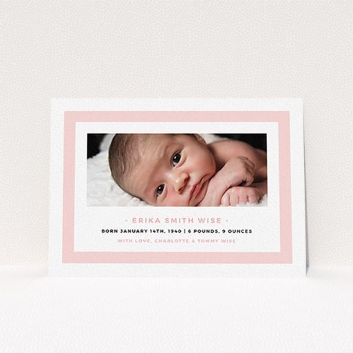 New Baby Announcement Card Design - "Big Pink" A new baby announcement card named "Big Pink". It is an A6 card in a landscape orientation. It is a photographic new baby announcement card with room for 1 photo. "Big Pink" is available as a flat card, with tones of pink and white.