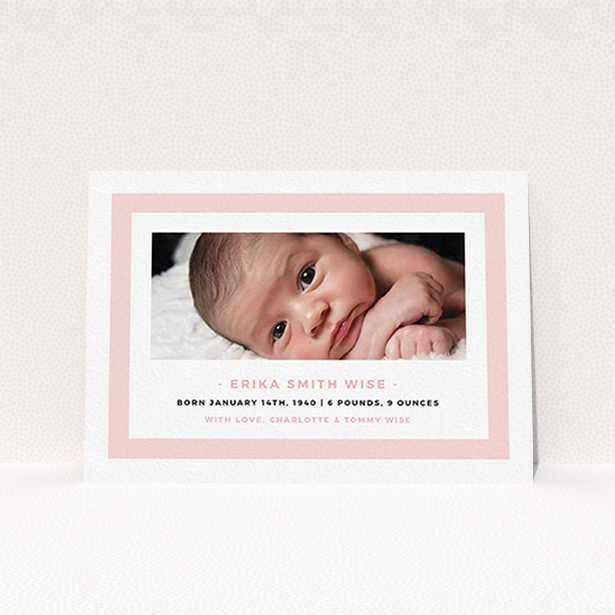 A new baby announcement card named "Big Pink". It is an A6 card in a landscape orientation. It is a photographic new baby announcement card with room for 1 photo. "Big Pink" is available as a flat card, with tones of pink and white.