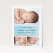A new baby announcement card template titled "Block Tower". It is an A5 card in a portrait orientation. It is a photographic new baby announcement card with room for 3 photos. "Block Tower" is available as a flat card, with tones of blue and white.