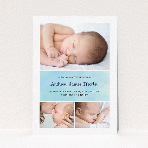 A new baby announcement card template titled "Block Tower". It is an A5 card in a portrait orientation. It is a photographic new baby announcement card with room for 3 photos. "Block Tower" is available as a flat card, with tones of blue and white.