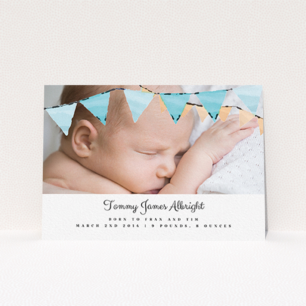 A new baby announcement card design called "Blue Bunting". It is an A6 card in a landscape orientation. It is a photographic new baby announcement card with room for 1 photo. "Blue Bunting" is available as a flat card, with tones of blue and white.