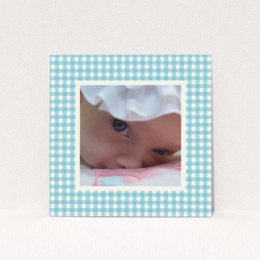 New Baby Announcement Card Design - "Blue Plaid" A new baby announcement card named "Blue Plaid". It is a square (148mm x 148mm) card in a square orientation. It is a photographic new baby announcement card with room for 1 photo. "Blue Plaid" is available as a flat card, with tones of blue and white.
