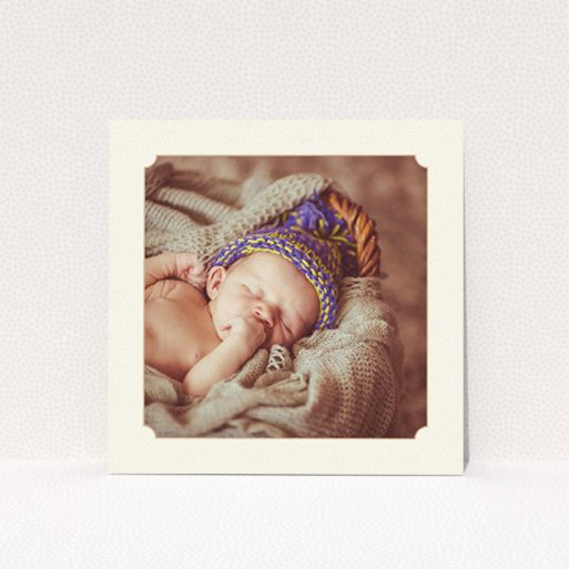 Birth Announcement Card - Classic Frame (Orange) A new baby announcement card called "Classic Frame". It is a square (148mm x 148mm) card in a square orientation. It is a photographic new baby announcement card with room for 1 photo. "Classic Frame" is available as a flat card, with mainly cream colouring.