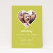 A new baby announcement card called "Electric Yellow". It is an A6 card in a portrait orientation. It is a photographic new baby announcement card with room for 1 photo. "Electric Yellow" is available as a flat card, with tones of green and white.
