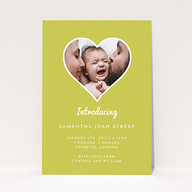 A new baby announcement card called "Electric Yellow". It is an A6 card in a portrait orientation. It is a photographic new baby announcement card with room for 1 photo. "Electric Yellow" is available as a flat card, with tones of green and white.