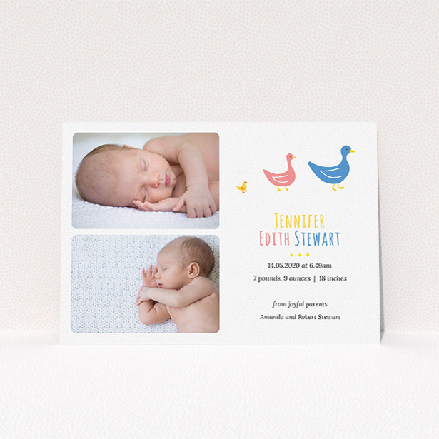 A new baby announcement card design titled "Family of Ducks". It is an A5 card in a landscape orientation. It is a photographic new baby announcement card with room for 2 photos. "Family of Ducks" is available as a flat card, with tones of white and blue.