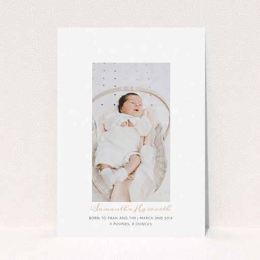 New Baby Announcement Card Design - "Floating there" A new baby announcement card design named "Floating there". It is an A5 card in a portrait orientation. It is a photographic new baby announcement card with room for 1 photo. "Floating there" is available as a flat card, with tones of white and pink.