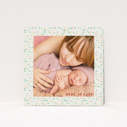 New Baby Announcement Card Design - "Floral abstract" A new baby announcement card design called "Floral abstract". It is a square (148mm x 148mm) card in a square orientation. It is a photographic new baby announcement card with room for 1 photo. "Floral abstract" is available as a flat card, with tones of light cream and green.