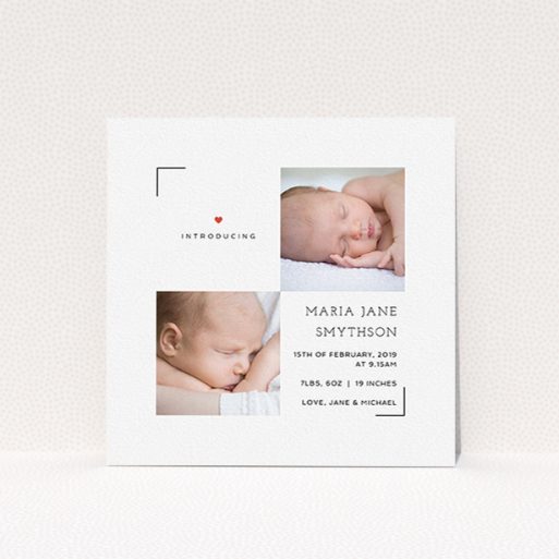 New Baby Announcement Card Design - "Framed" A new baby announcement card design called "Framed". It is a square (148mm x 148mm) card in a square orientation. It is a photographic new baby announcement card with room for 2 photos. "Framed" is available as a flat card, with tones of white and red.