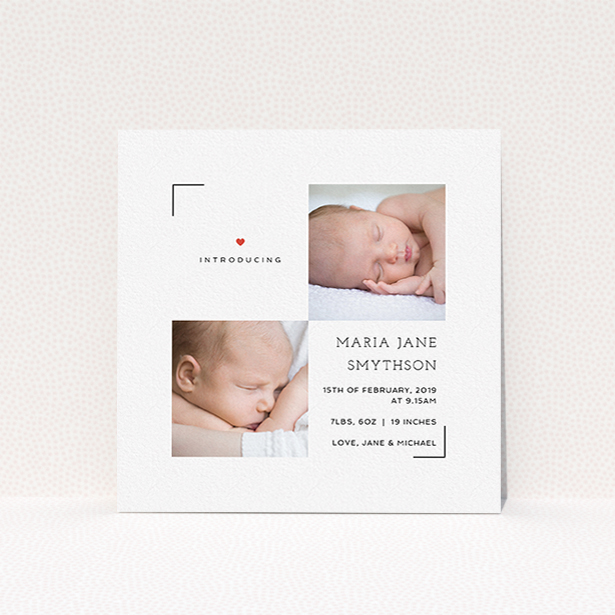 A new baby announcement card design called "Framed". It is a square (148mm x 148mm) card in a square orientation. It is a photographic new baby announcement card with room for 2 photos. "Framed" is available as a flat card, with tones of white and red.