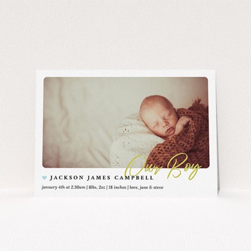 Birth Announcement Card - Gold Stamp (Baby-Boy) A new baby announcement card template titled "Gold Stamp". It is an A6 card in a landscape orientation. It is a photographic new baby announcement card with room for 1 photo. "Gold Stamp" is available as a flat card, with tones of white and blue.
